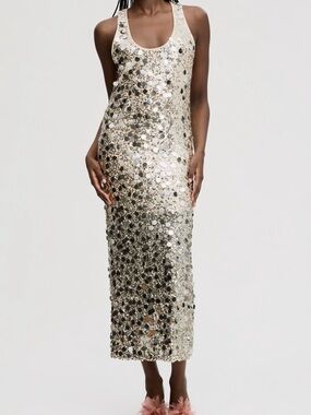 Sam Edelman Silver and Nude Sequin Midi Dress
